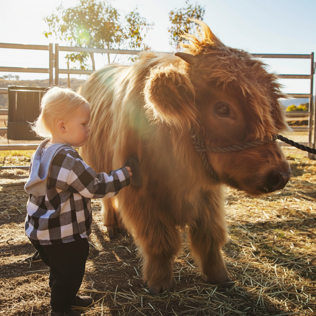 Child brushing a Highland calf at Croftdown farm