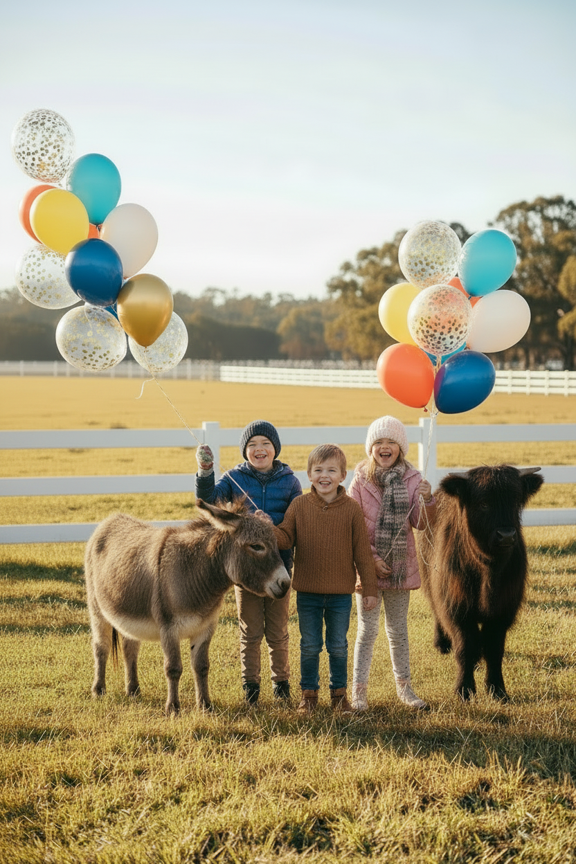 Three kids with forward-eared donkey and Highland